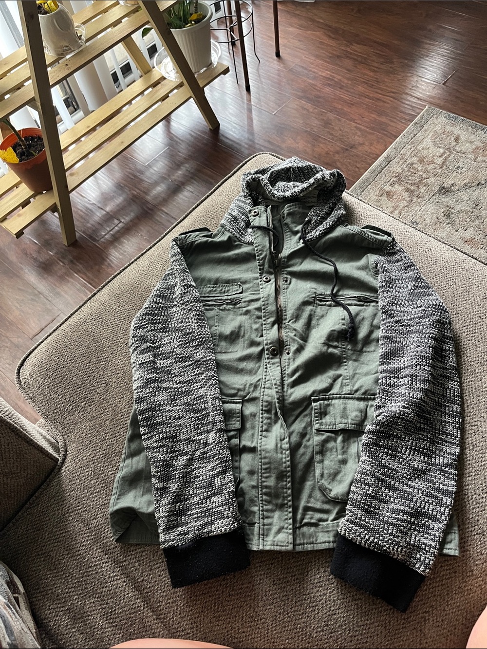 Mudd Olive Green Utility Jacket with Gray Knit Sleeves